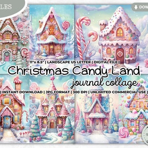 Christmas Candy Land Junk Journal Collage Sheet, Gingerbread House, Holidays, Peppermint, Candy Cane, Snow, Pastel, Printable Paper, Digital