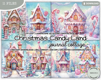 Christmas Candy Land Junk Journal Collage Sheet, Gingerbread House, Holidays, Peppermint, Candy Cane, Snow, Pastel, Printable Paper, Digital