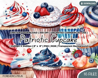 Paquete de imágenes prediseñadas de cupcakes patrióticos, cupcakes de acuarela, imágenes prediseñadas de cupcakes, imágenes prediseñadas de postres dulces, repostería, repostería, patriótico, 4 de julio, imágenes prediseñadas