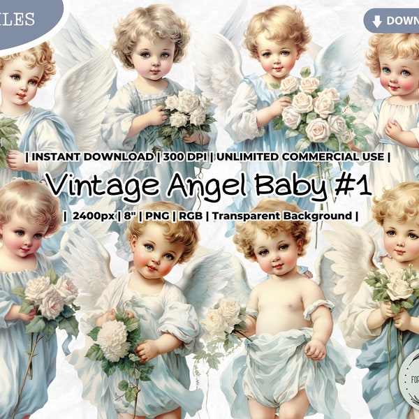 Vintage Angel Baby Clipart Bundle, Blue, Boy, Kid, Little, Victorian, Holidays, Valentine, PNG, Junk Journal Paper Crafts Scrapbooking