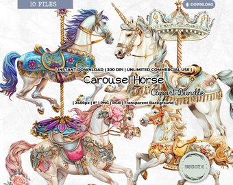 Carousel Horse Clipart, Unicorn, Vintage Merry-Go-Round, Wooden, Ride, Circus, Amusement Park, PNG Scrapbook Junk Journal Printable Ephemera