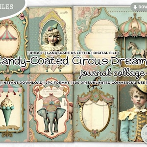 Candy Coated Circus Dreams Junk Journal Collage Sheet, Paper, Page, Fun Fair, Pastel, Carousel, Horse, Elephant Lion Boy Girl, ForeverCuteUS