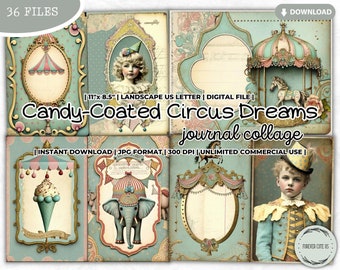 Candy Coated Circus Dreams Junk Journal Collage Sheet, Paper, Page, Fun Fair, Pastel, Carousel, Horse, Elephant Lion Boy Girl, ForeverCuteUS