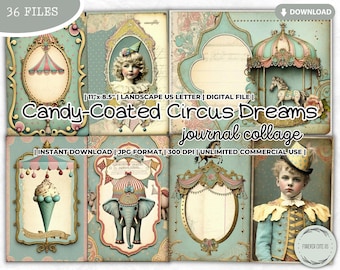 Candy Coated Circus Dreams Junk Journal Collage Sheet, Paper, Page, Fun Fair, Pastel, Carousel, Horse, Elephant Lion Boy Girl, ForeverCuteUS