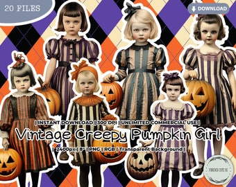 Vintage Creepy Pumpkin Girl Clipart Bundle, Halloween, Little Girl, Doll, Fashion, Victorian, Printable, PNG Scrapbook Junk Journal Craft
