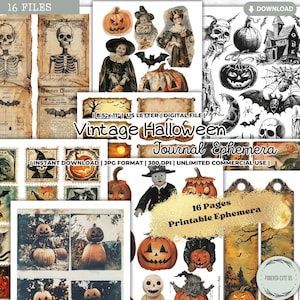 Kit de diario basura de Halloween vintage, papel imprimible, páginas, álbumes de recortes, fabricación de tarjetas, etiquetas, etiquetas, pegatinas, boletos, digital