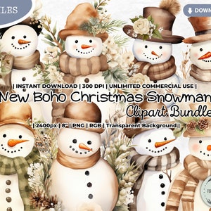 Nouveau clipart bohème de bonhomme de neige Noël, naturel, neutre, rustique, sourdine, hiver, vacances, fournitures numériques PNG, carnet de cartes de scrapbooking