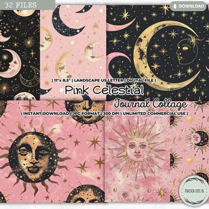 Collage de carnet céleste rose, pastel, galaxie, lune, soleil, étoile, motifs, noir, or, papiers imprimables pour carnet de bord, numérique, scrapbooking