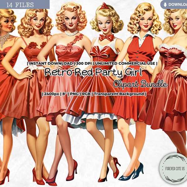 Retro Red Party Girl Clipart, Christmas, Nostalgic, Pin-up, New Year Eve, Sweet 16, Cocktail, Vintage, PNG, Scrapbook, Junk Journal Ephemera