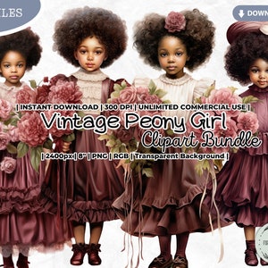 Set di clipart vintage di peonie, afroamericane, bambola di carta, bordeaux, moda, vittoriane, antiche, digitali, PNG, scrapbooking, diario di cianfrusaglie