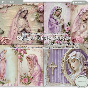 Mary's Purple Miracle Journal collageblad, moeder Maria, Maagd Maria, junk Journal Kit, katholiek, gebed, dankbaarheid, religieus, afdrukbaar