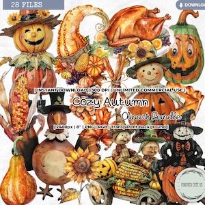 Clipart autunnale accogliente, giorno del raccolto autunnale vintage, tacchino, bambina, ringraziamento, torta di zucca, zucca, cornucopia, pellegrino, scrapbooking PNG