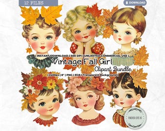 Vintage Fall Girl Clipart, Retro, Autumn, Thanksgiving, Leaves, Flower Wreath, Doll Head, Paper Doll, Fashion, PNG Scrapbooking Junk Journal