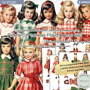 Ensemble de cliparts fille Noël rétro à carreaux, hiver, vacances, esthétique académique, mode nostalgique, vintage, Paper Doll, PNG, coupe difficile