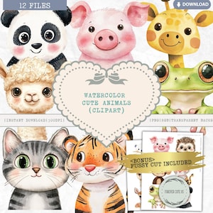 Aquarel schattige dieren clipart png, kwekerij bos babydieren, varken, hert, panda, kat, aap, kikker, giraf, ijsbeer, lama, wasbeer
