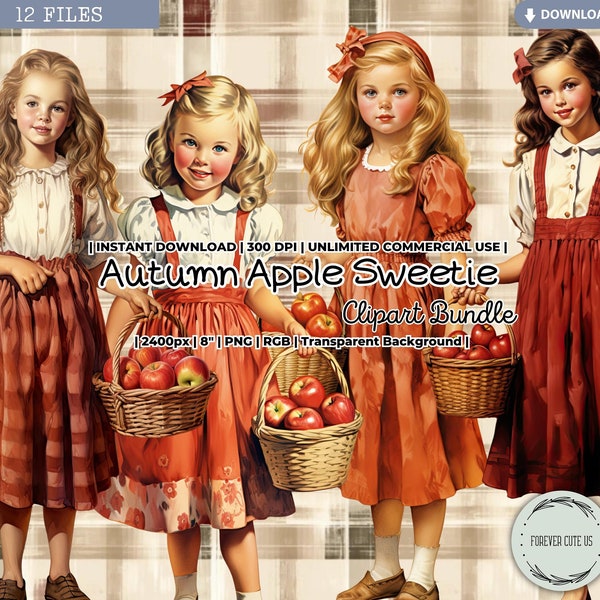 Autumn Apple Sweetie Clipart Bundle, Vintage, Retro, Fall, Harvest, Little Girl, Thanksgiving, Farm, Cottagecore, Fashion, Printable, PNG