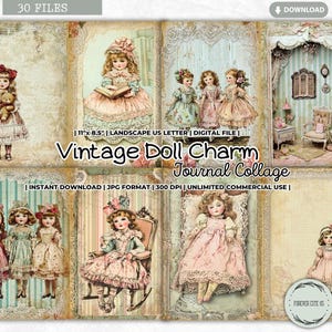 Vintage Doll Charm Junk Journal Collage Vel, Poppenhuis, Oude Tijden, Porseleinen Pop, Antiek, Shabby Chic, Scrapbooking, Afdrukbaar Digitaal