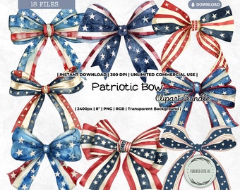Patriotic Bow Clipart, 4th of July Blue Red White Stars Stripe United States Flag America Watercolor Retro Ribbon PNG Scrapbook Junk Journal