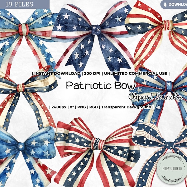 Patriotic Bow Clipart, 4th of July Blue Red White Stars Stripe United States Flag America Watercolor Retro Ribbon PNG Scrapbook Junk Journal