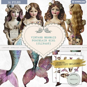 Vintage Mermaid Porcelain Girl Clipart, Whimsical Mermaid Doll, Ocean, Under The Sea, Underwater, Seashell, PNG, Scrapbook, Junk Journal