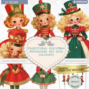 Clipart tradicional de menina elfa quebra-nozes de Natal, ajudante de Papai Noel, Natal clássico, inverno, feriados, retrô, vintage, soldado, PNG Junk Journal
