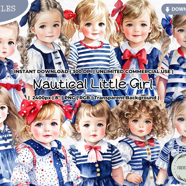 Nautical Little Girl Clipart Bundle, Anchor, Summer, Stripe, Blue, White, Red, Patriotic, Paper Doll, PNG, Scrapbook Junk Journal Paper