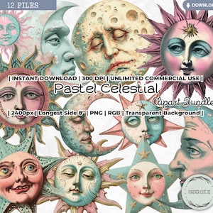Pastel Celestial Clipart, Vintage, Deusa, Motivos da Lua, Luar, Estrela, Vitoriano, Aquarela, PNG, Diário de Lixo, Papel Artesanal Scrapbooking