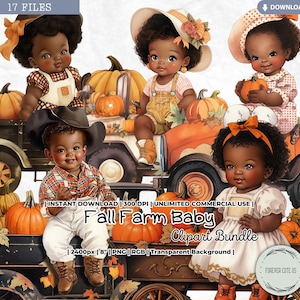 May include: A digital clipart bundle featuring four illustrations of Black babies dressed in fall-themed outfits. The babies are sitting in a vintage truck bed filled with pumpkins and fall leaves. The text "Fall Farm Baby Clipart Bundle" is displayed on the image.