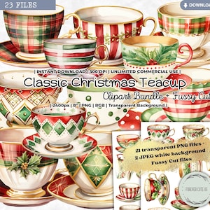 Clipart clássico de xícara de chá de Natal, vintage, tradicional, feriados, hora do chá, aquarela, festa, PNG, corte exigente, álbum de recortes, diário de lixo