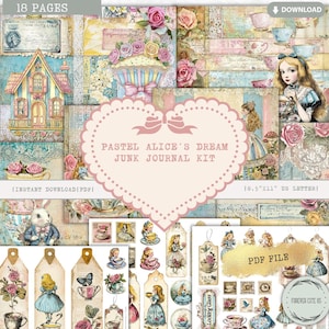 Pastell Alice Traum JUNK JOURNAL KIT, Wunderland-Mädchen, Alice, Alice Abenteuer inspiriert, Kaninchen, Pilz, Tee-Party, Digital Printable