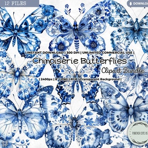 Chinoiserie vlinders clipart, aquarel, zuidelijk, vintage, blauw wit, Ming-dynastie, oriëntalisme, bloemen, Aziatisch, Chinees porselein, png