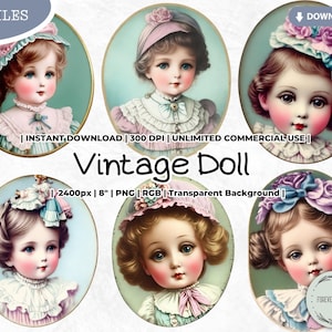 Vintage pop clipartbundel, porseleinen pop, mode, papieren pop, antiek, sublimatie, digitaal, png, plakboek junk dagboek papier ambachten