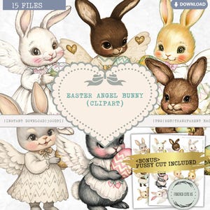 Osterengel Hase Clipart, Vintage Osterei Hase, Flügel, Retro, Ostereiersuche, Kaninchen, Pastell Frühling, Ostern Leckereien, bedruckbar, PNG Fussy Schnitt
