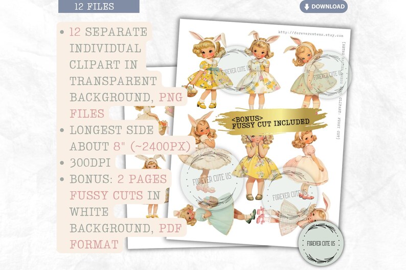 Retro Easter Dress Girl Clipart, Bunny Ear, Vintage, Egg Hunt