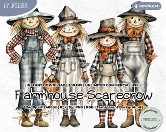 May include: Four watercolor painted scarecrows with fall colors and textures. The scarecrows are wearing overalls, a plaid dress, a plaid skirt, and a plaid dress. The scarecrows are standing on a white background.  The text "Farmhouse Scarecrow" is written in black letters on a white background.