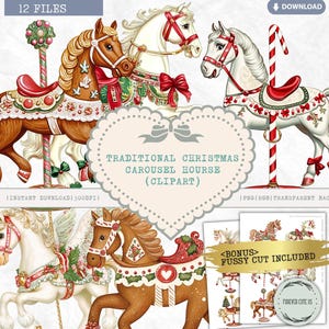 Traditionele kerstcarrousel paard clipart, kermis, eenhoorn, vintage draaimolen, houten, rit, circus, pretpark, png pietluttig knippen