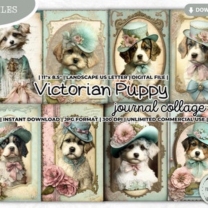 Viktorianischer Welpe Junk Journal Collage Sheets Bundle, Hund, Pastell, Vintage, Rose, Printable, Shabby Chic, Scrapbooking Papier, digitales Papier