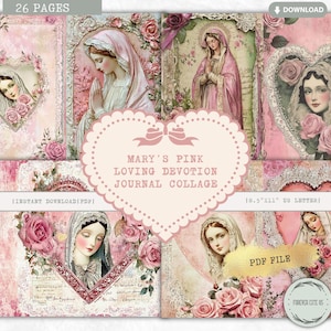 Mary's Pink Loving Devotion Junk Journal Collage Sheet, Mother Mary, Catholic, Peace, Prayer, Gratitude, Religious Virgin, Printable Paper