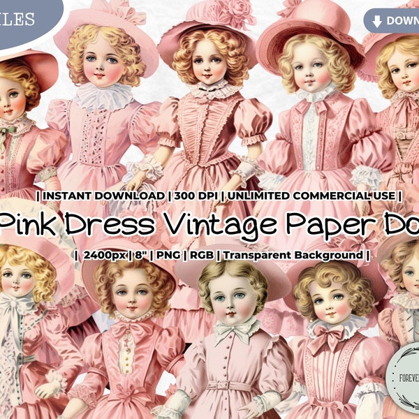 Pink Dress Vintage Paper Doll Clipart Bundle, Doll, Fashion, Victorian, Antique, Digital, Printable, PNG, Scrapbook Junk Journal Paper Craft