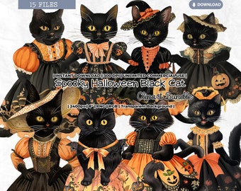 Spooky Halloween Black Cat Clipart Set, Witch, Pumpkin, Fall, Autumn, Vintage, Retro, Digital Sticker, Printable PNG Scrapbook Junk Journal