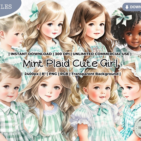 Spring Mint Plaid Dress Little Girl Clipart, Shabby, Fashion, Baby, Infant, Toddler, Easter, Spring, Summer, Patriotic, Valentine's Day, PNG