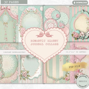 Collage romántico de diario shabby chic, set de papel digital rosa pastel menta, kit de diario basura, páginas imprimibles en PDF para álbumes de recortes, rosas de encaje vintage