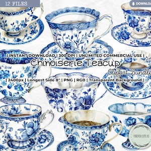May include: A set of 12 digital clipart images of blue and white chinoiserie teacups with floral designs. The teacups are on saucers and have a transparent background.  INSTANT DOWNLOAD | 300 DPI | UNLIMITED COMMERCIAL USE | Chinoiserie Teacup Clipart Bundle | 2400px | Longest Side 8" | PNG | RGB | Transparent Background |