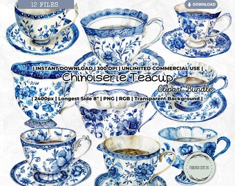 Chinoiserie Teacup Watercolor Clipart, Vintage, Dinnerware, Tea Party, Blue White, Ming Dynasty, Orientalism, Floral, Chinese Porcelain Cup