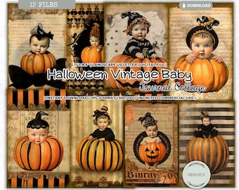 May include: A digital collage of 12 Halloween-themed images featuring vintage baby illustrations. Each image features a baby dressed in a witch's hat and sitting inside a pumpkin. The images are perfect for scrapbooking, card making, and other crafting projects.