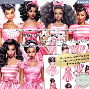 Retro Pink Lady Clipart Bundle, Black Girl, Afro American, African, Dress, Fashion, Planner, Vintage, Paper Doll, PNG, Journal, Fussy Cut