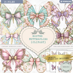 Clipart papillons de Pâques, pastel, fantaisiste, conte de fées, ailes, printemps, été, coloré, shabby chic, imprimable, PNG Scrapbooking coupe délicate