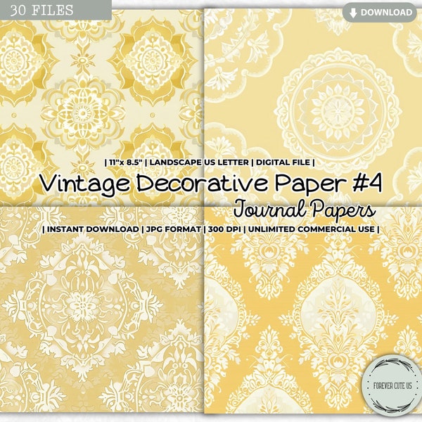 Vintage Decorative Paper, Yellow Pastel, Journal Collage Sheet, Background Papers, Junk Journal Pages, Victorian, Rococo, Damask, Printable