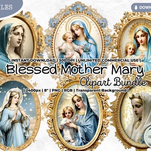 Blessed Mother Mary Clipart Bundle, Virgin Mary, Catholic,Lady Of Guadalupe, Christianity, Frame, PNG, Scrapbook, Junk Journal Paper Crafts