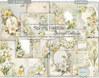 Spring Daffodil Junk Journal Collage Sheet, Spring, March Birth Month, Watercolor, Shabby, Floral, Garden, Scrapbooking, Printable, Ephemera